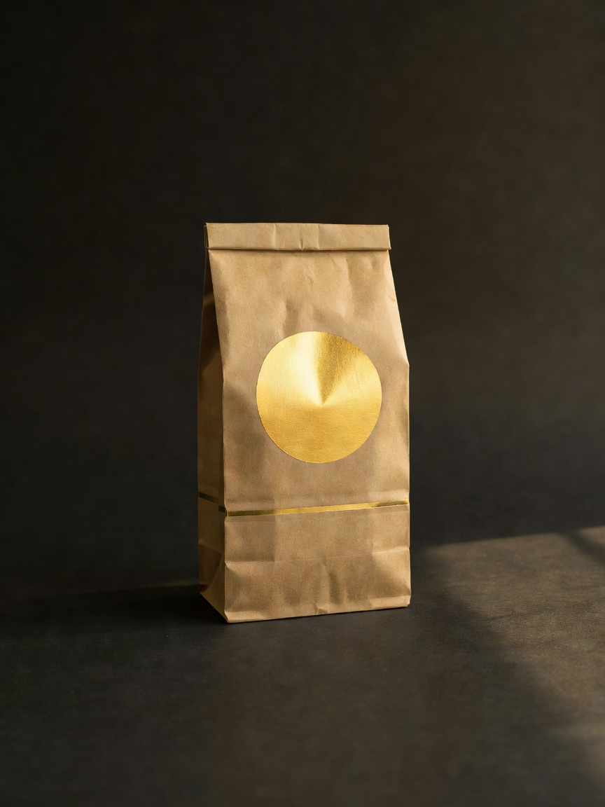 A kraft coffee bag with a plain gold circle label on a dark counter