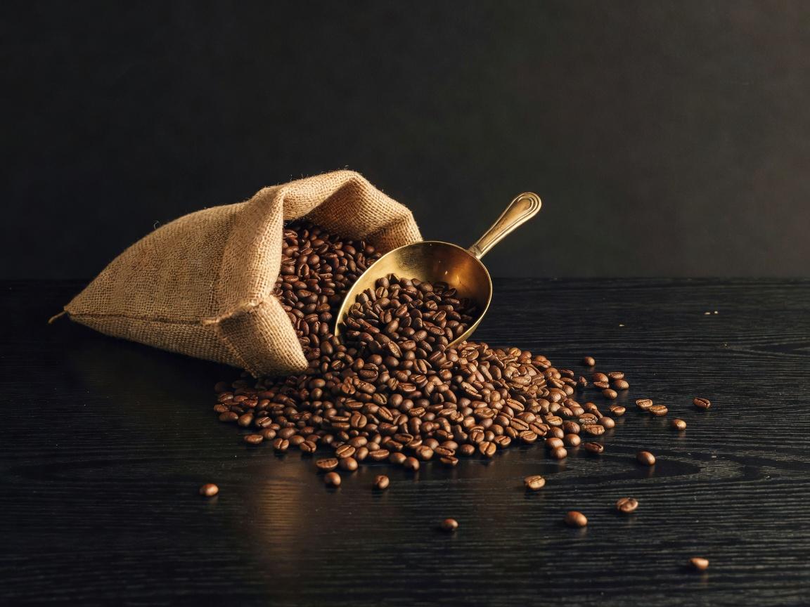 A burlap sack of roasted coffee beans with a brass scoop, beans spilled across a dark wood counter