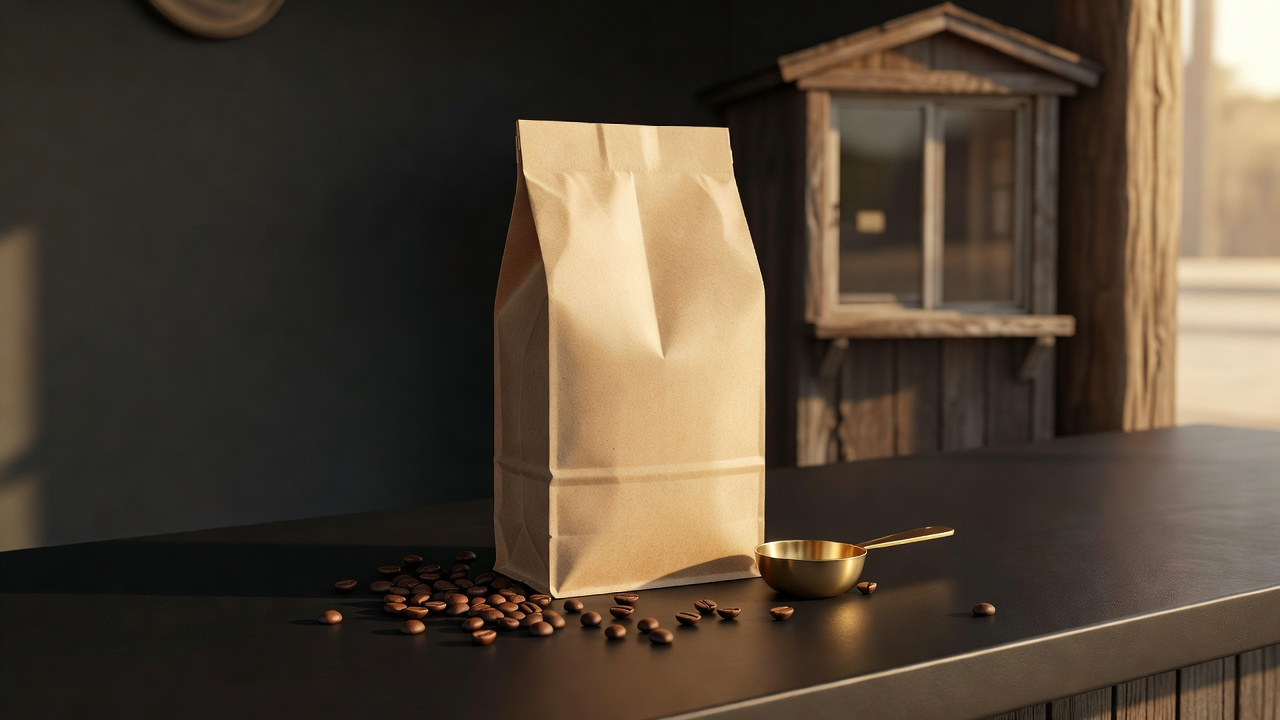 A kraft bag of house-roasted coffee, loose beans and a gold scoop on a dark counter
